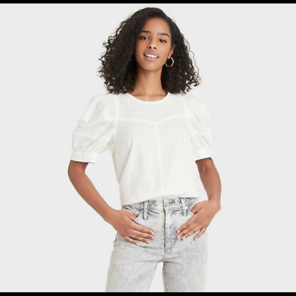 Universal Thread white puff sleeve blouse with zip back and button detail